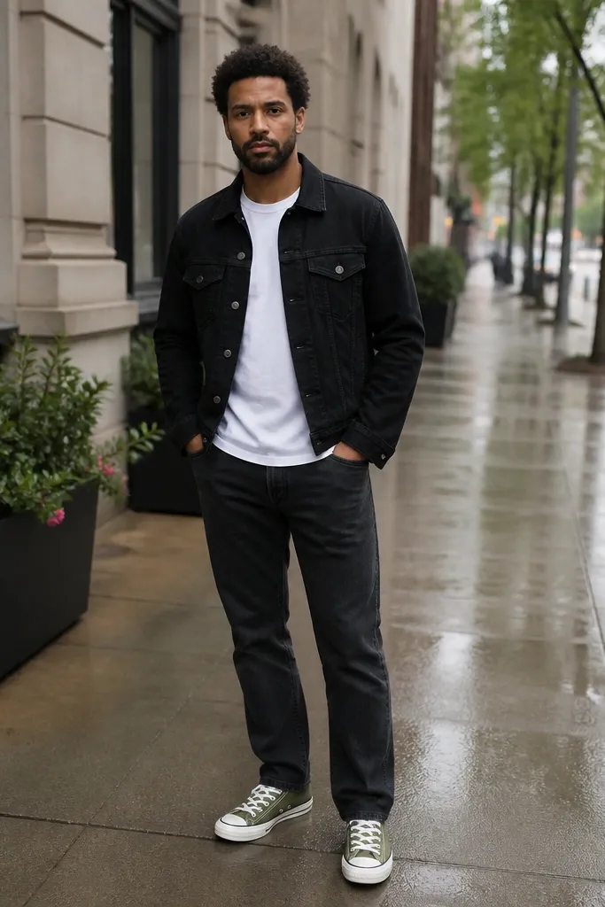 Olive Converse with a black denim jacket and washed black jeans