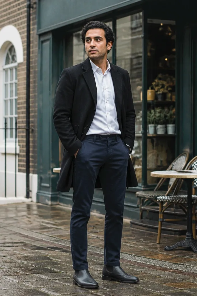 A man wearing charcoal grey Chelsea boots with a white button-down Oxford shirt, navy chinos, and a dark belt; the pants break slightly on the boot.