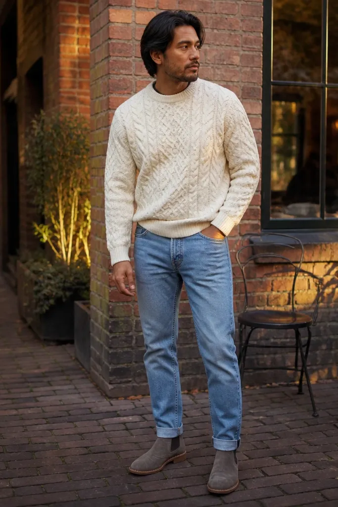 A man in ash grey Chelsea boots with light blue selvedge jeans, a cream crewneck sweater, and a tan crossbody bag; jeans are cuffed to show the boot opening.