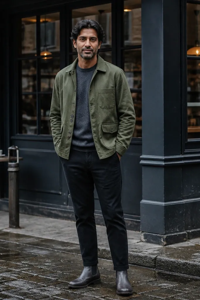 A man wearing olive chore jacket over a black crewneck and black tapered trousers with grey Chelsea boots; the jacket hem sits at mid-hip.