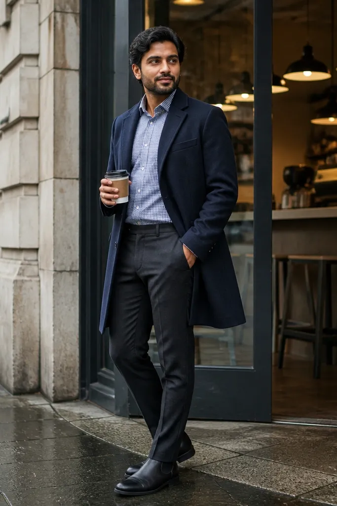 A man in a navy overcoat, a small-check button-down shirt, dark trousers, and charcoal grey Chelsea boots; the coat falls to mid-thigh.