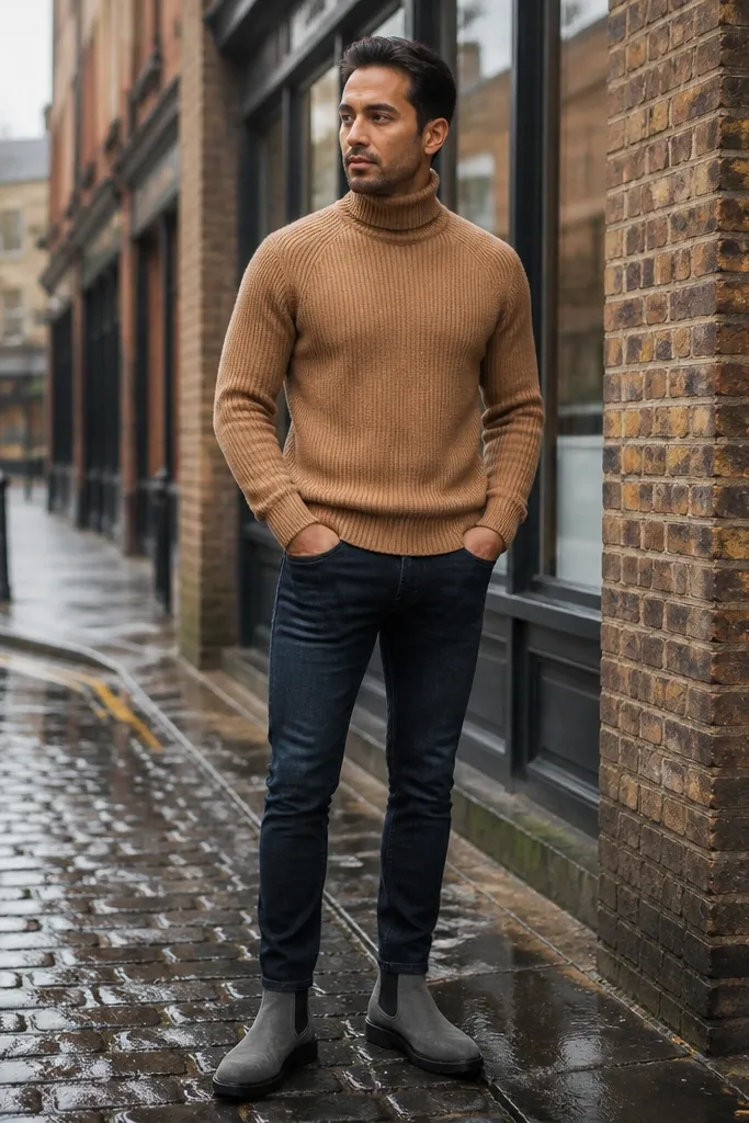 A man wearing grey Chelsea boots with a camel turtleneck sweater and dark wash jeans; jeans are cuffed with a single roll.