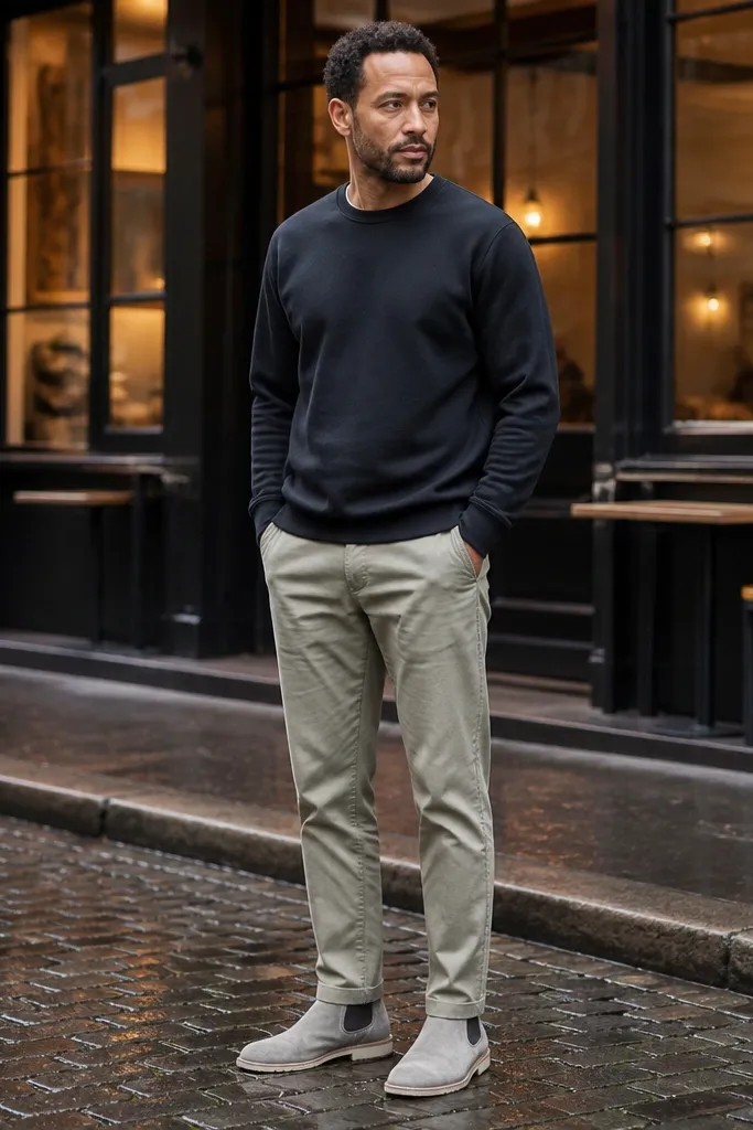 A man in light grey Chelsea boots with a black crewneck sweatshirt and stone-colored chinos; cuffs are slightly stacked at the ankle.