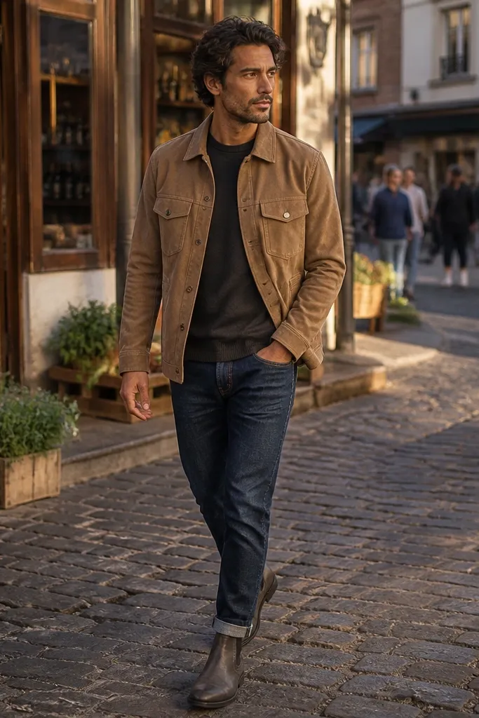 A man wearing a sand overshirt over a charcoal t-shirt with tapered denim and grey Chelsea boots; overshirt is buttoned halfway.