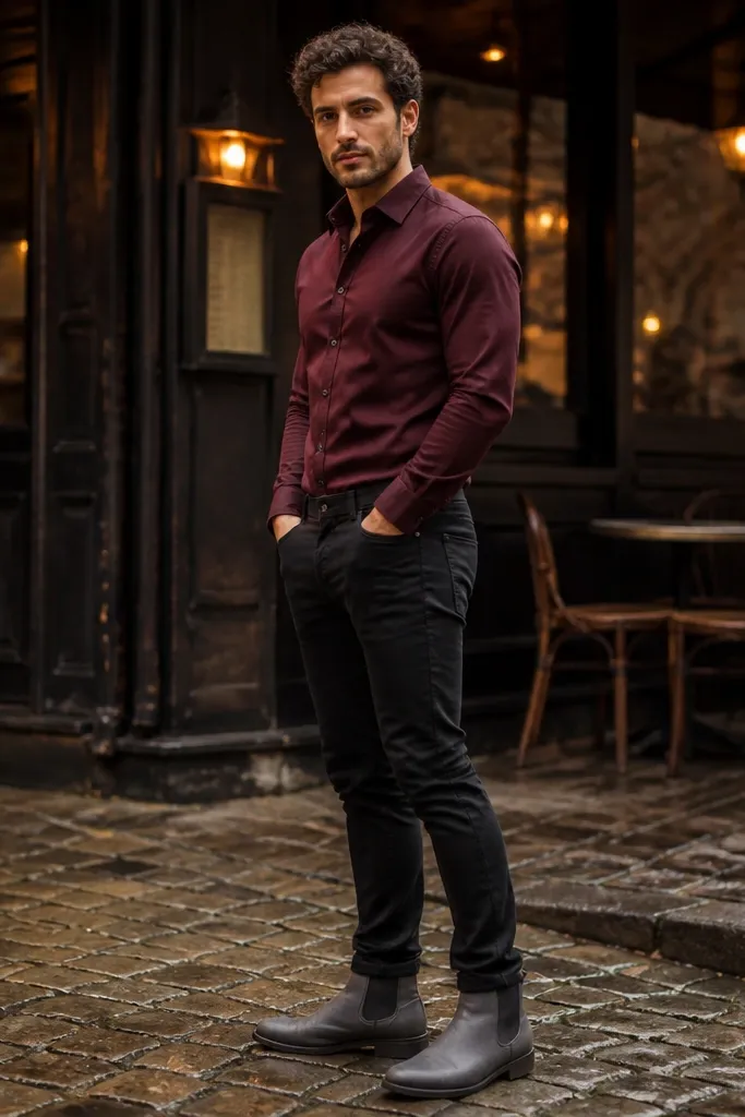 A man wearing grey Chelsea boots, a burgundy button-down shirt, and black jeans; shirt is tucked with a clean belt line.