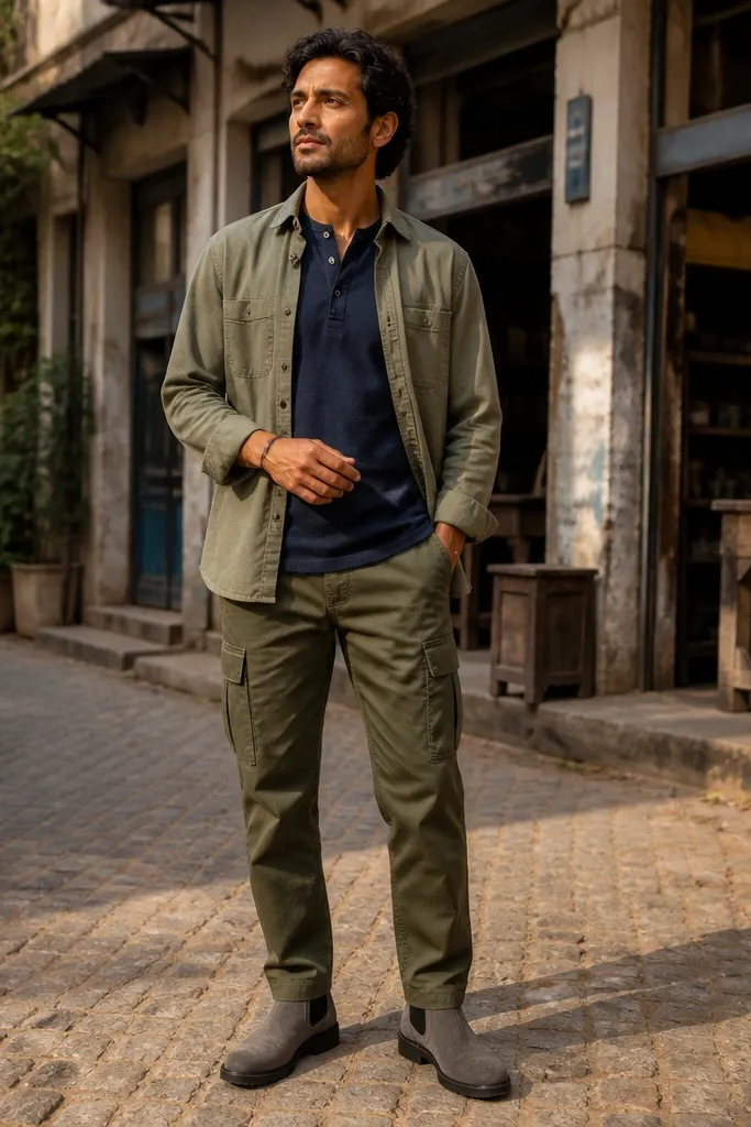 A man wearing heather grey Chelsea boots, a navy henley, and olive utility pants; pants are cuffed and the elastic boot side panel is visible.