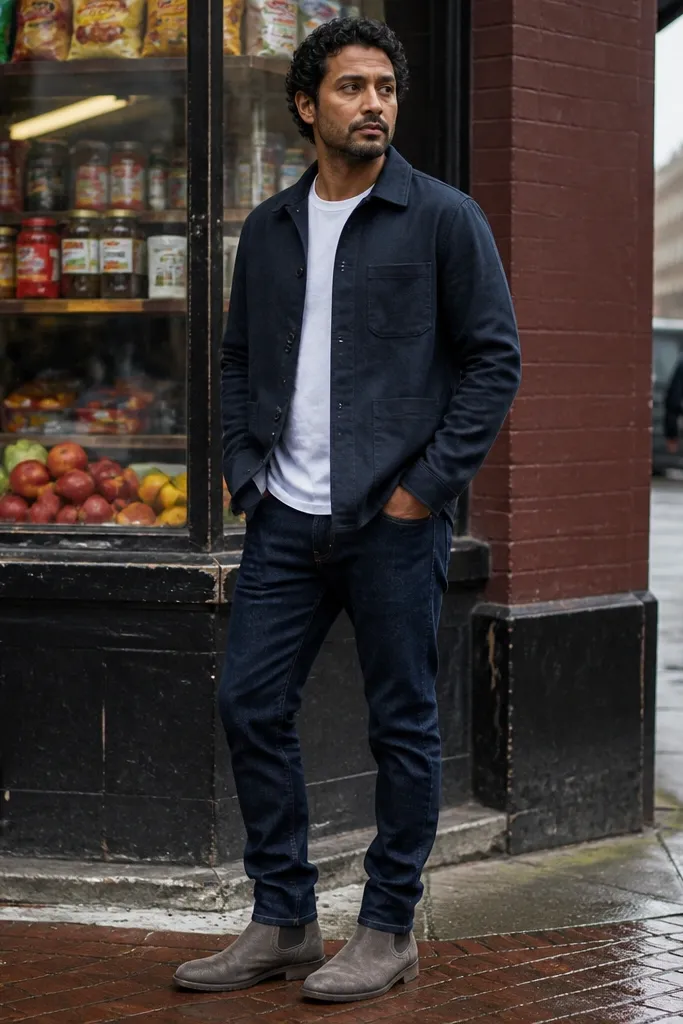 A man in grey suede Chelsea boots with a white t-shirt, navy chore jacket, and straight light-to-mid wash jeans; sleeves are slightly rolled.