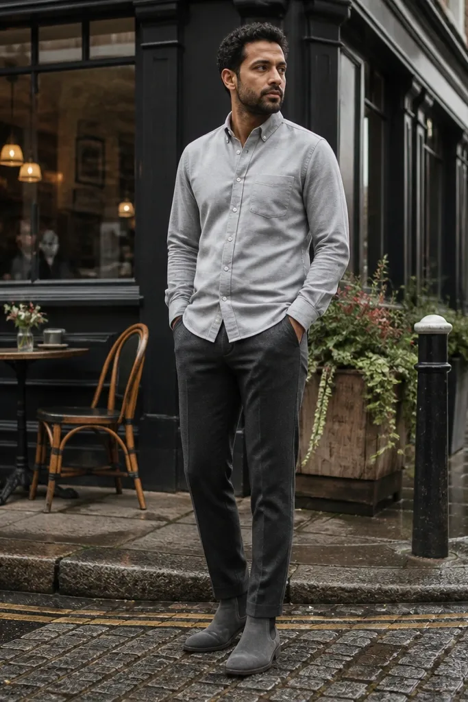 A man wearing light grey button-down shirt, dark grey wool trousers, and grey Chelsea boots; the outfit is monochrome with slight shade differences.