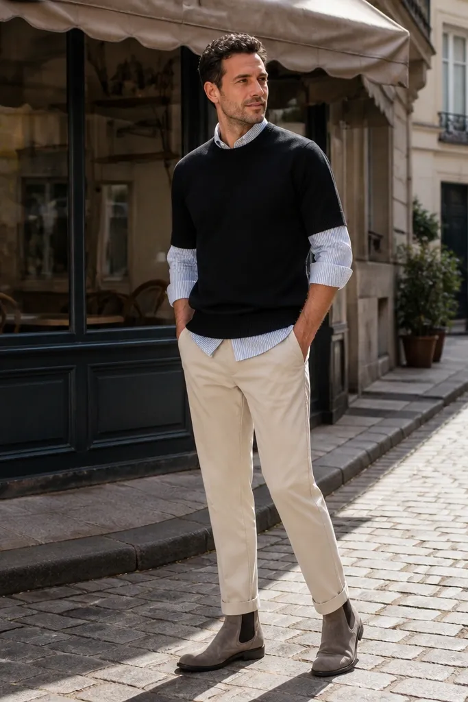 A man in grey Chelsea boots, a navy-and-white striped shirt under a black knit layer, and beige trousers; hem lands right on the boot.