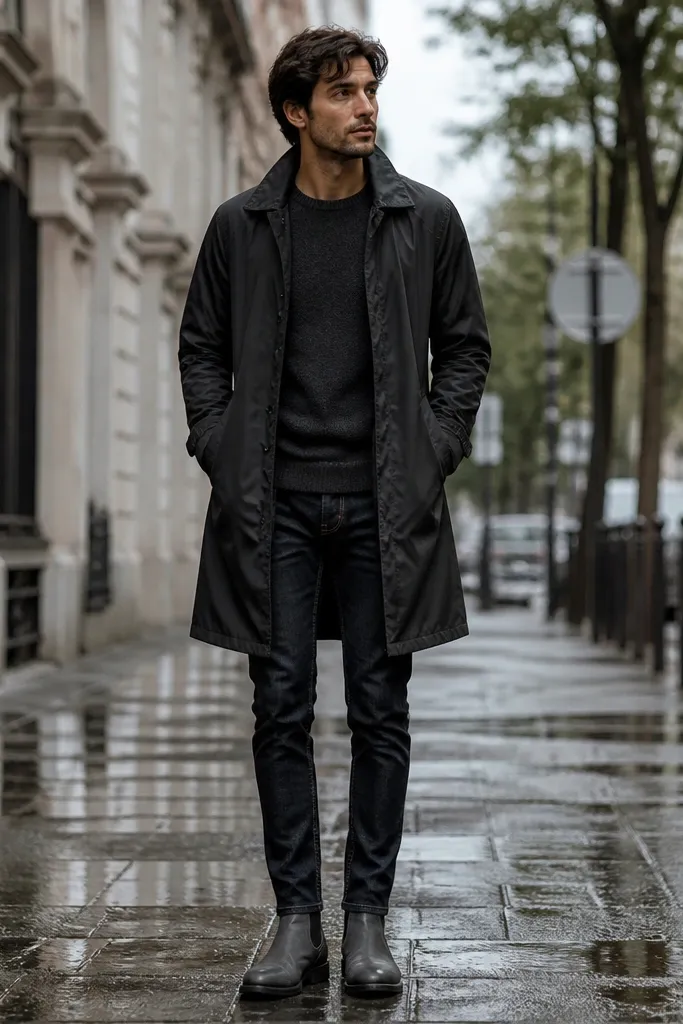 A man wearing grey Chelsea boots, a black raincoat with a hood, dark indigo denim, and a simple grey sweater; coat is open.