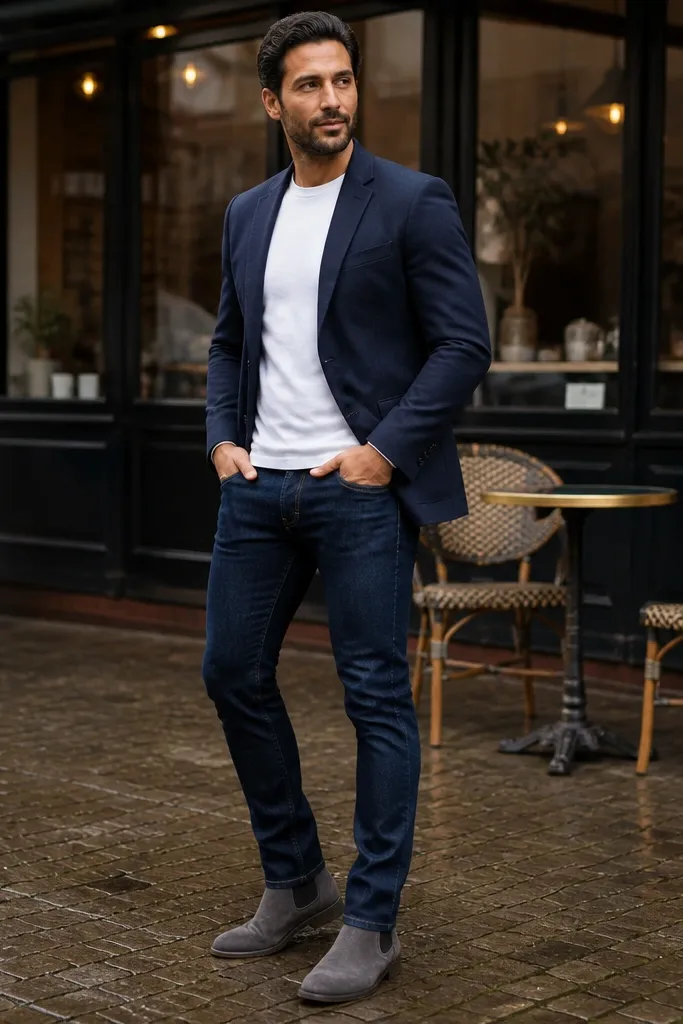 A man wearing grey Chelsea boots, a navy blazer, a white t-shirt, and tapered blue jeans; blazer is unbuttoned.