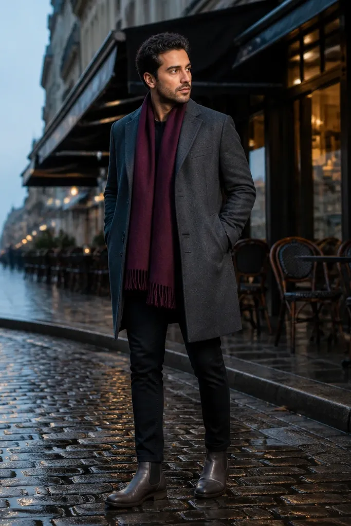 A man wearing grey Chelsea boots, a long grey wool coat, black jeans, and a burgundy scarf; scarf wraps once.