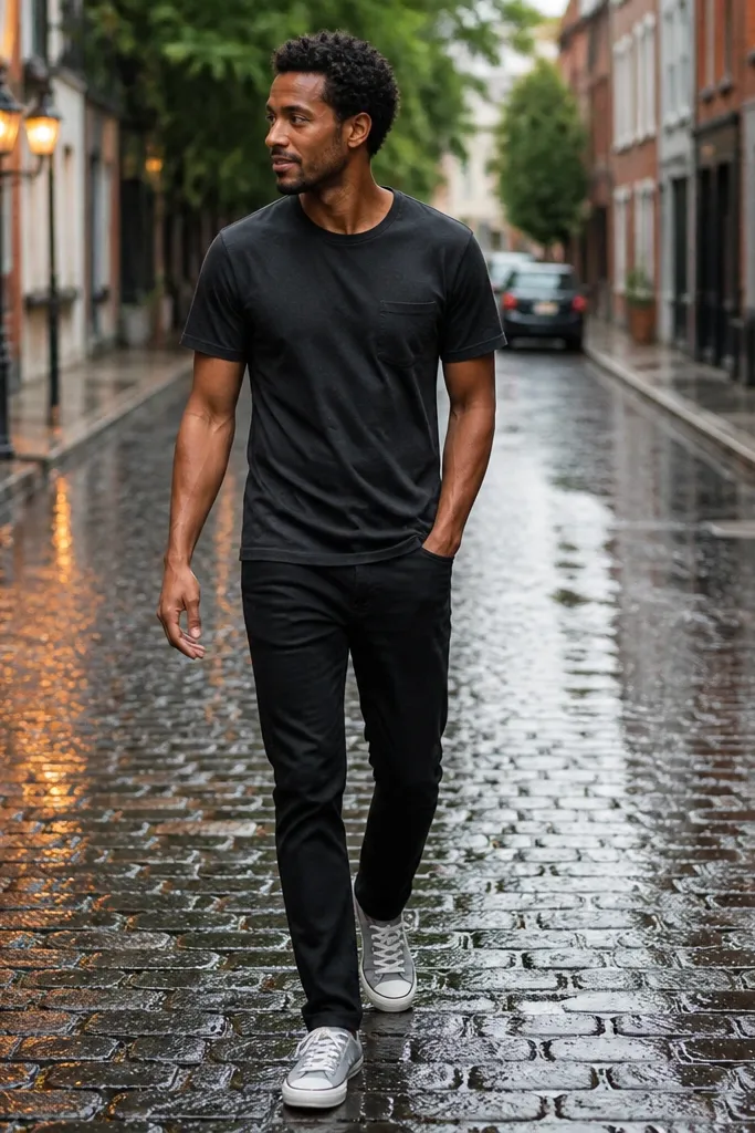 Charcoal t-shirt, black slim jeans, grey Converse sneakers, dark belt