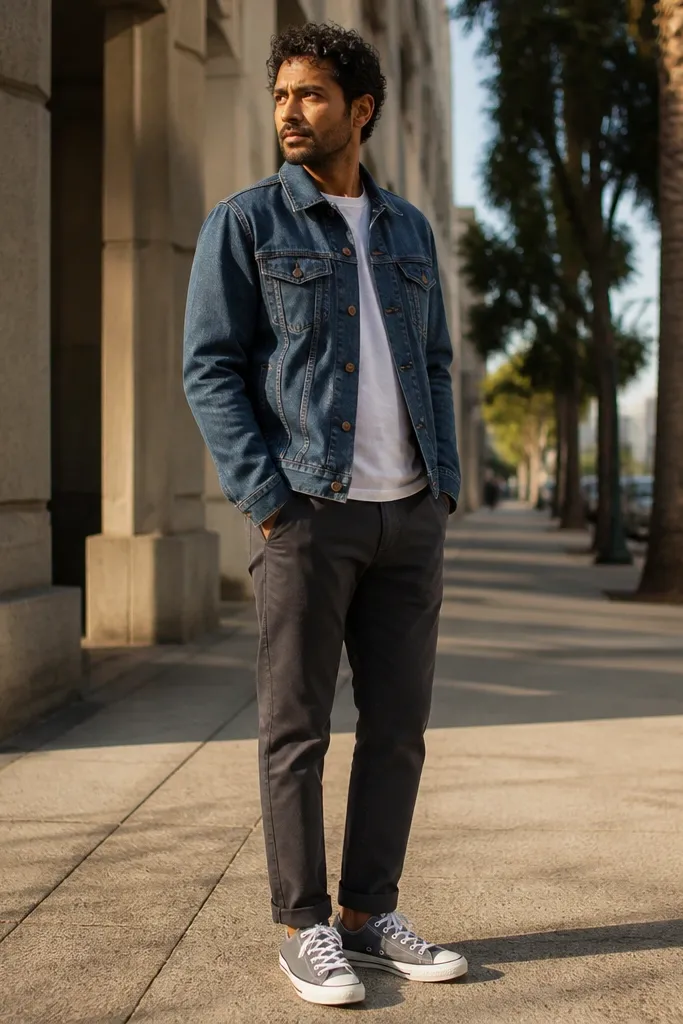 Washed indigo denim jacket over white tee with light blue jeans and grey Converse