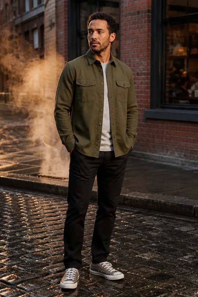 Olive overshirt over black chinos with grey Converse sneakers and dark socks
