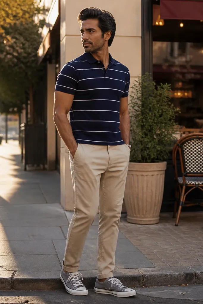 Navy striped polo with beige chinos and grey Converse sneakers