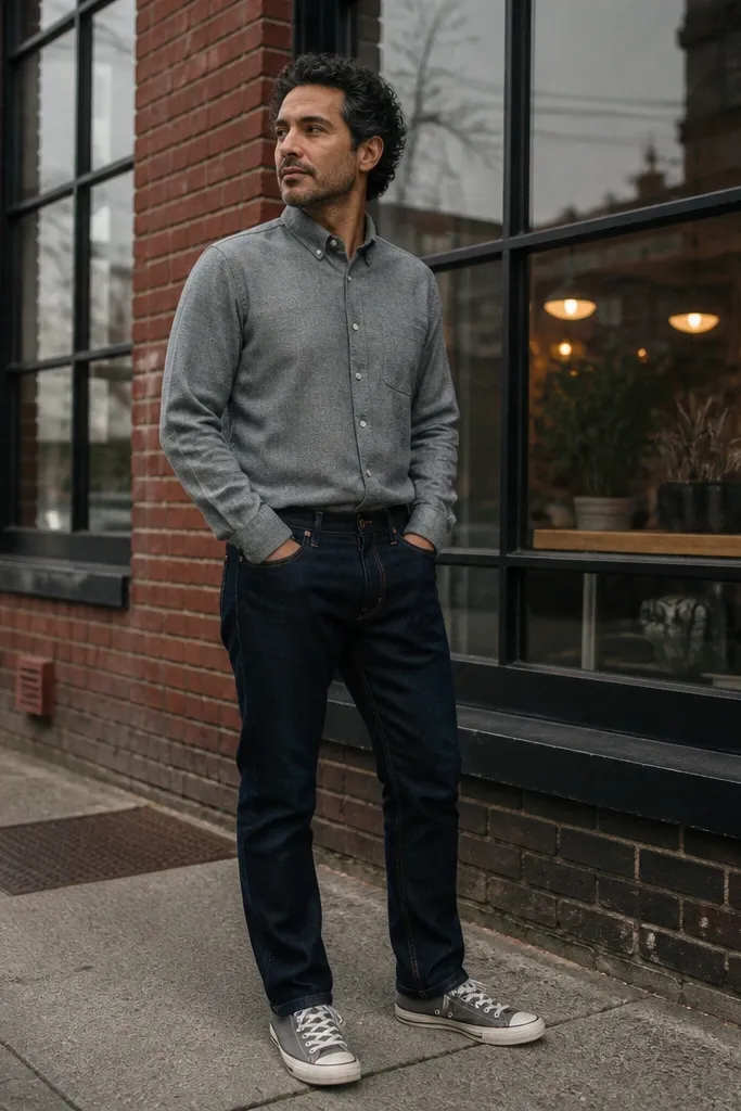 Grey flannel button-up with dark denim jeans and grey Converse sneakers