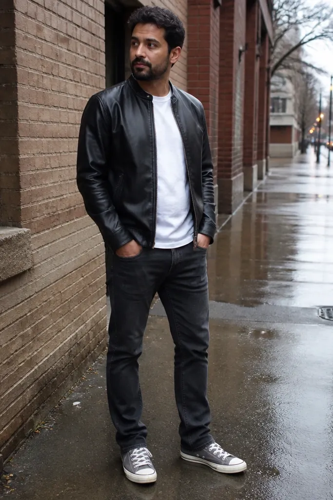 Black leather-look jacket over white tee with black jeans and grey Converse
