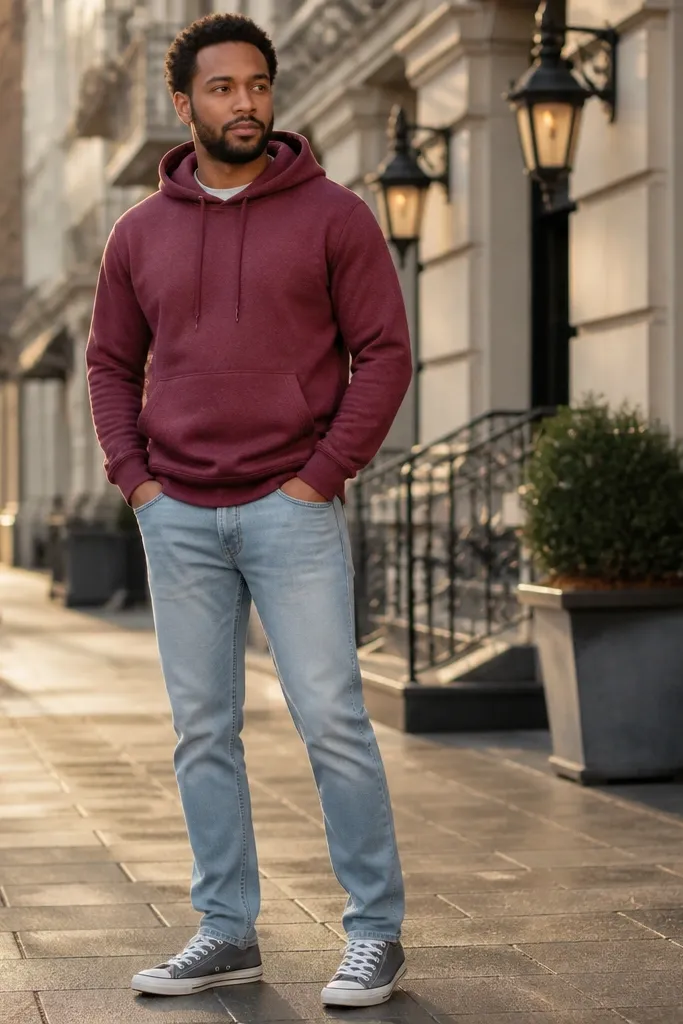 Maroon hoodie with light wash jeans and grey Converse sneakers
