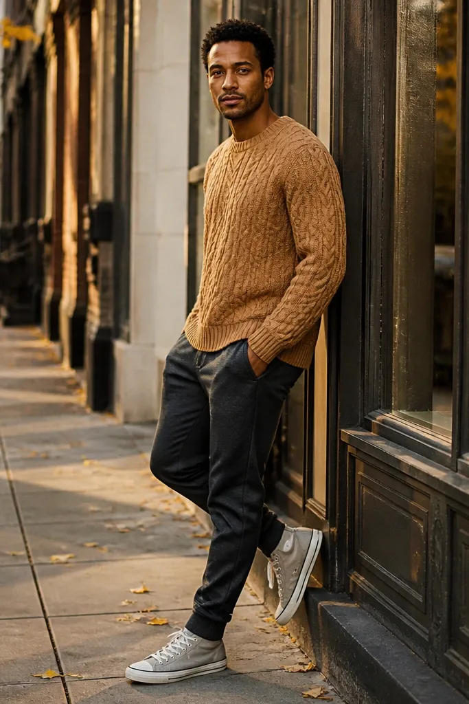 Camel knit sweater with dark grey joggers and grey Converse sneakers