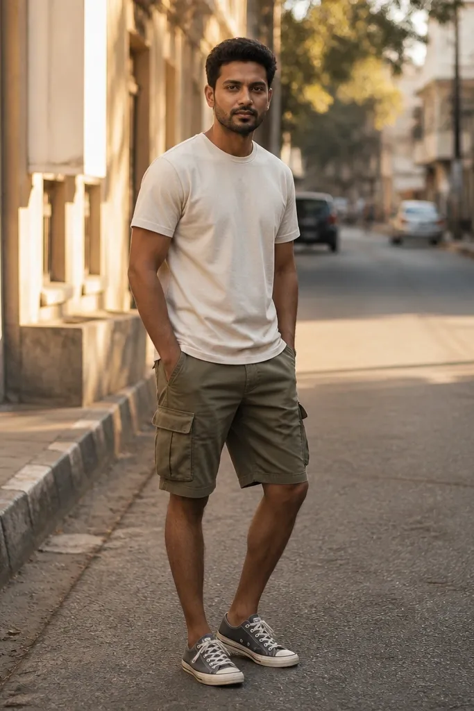 Cream t-shirt with olive cargo shorts and grey Converse sneakers