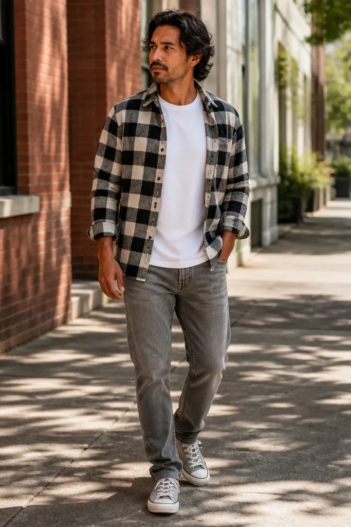 Black and white check shirt with grey jeans and grey Converse sneakers