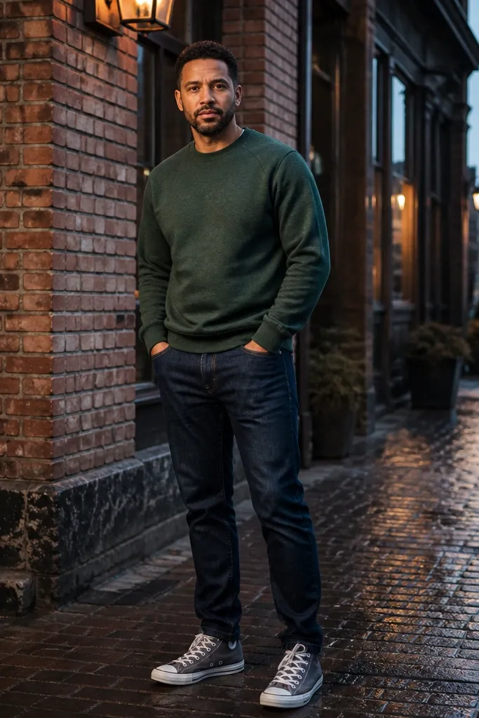 Forest green sweatshirt with navy jeans and grey Converse sneakers