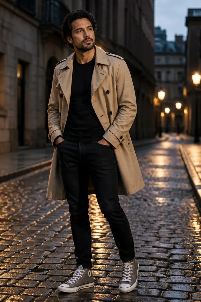 Tan trench coat over black t-shirt with black pants and grey Converse