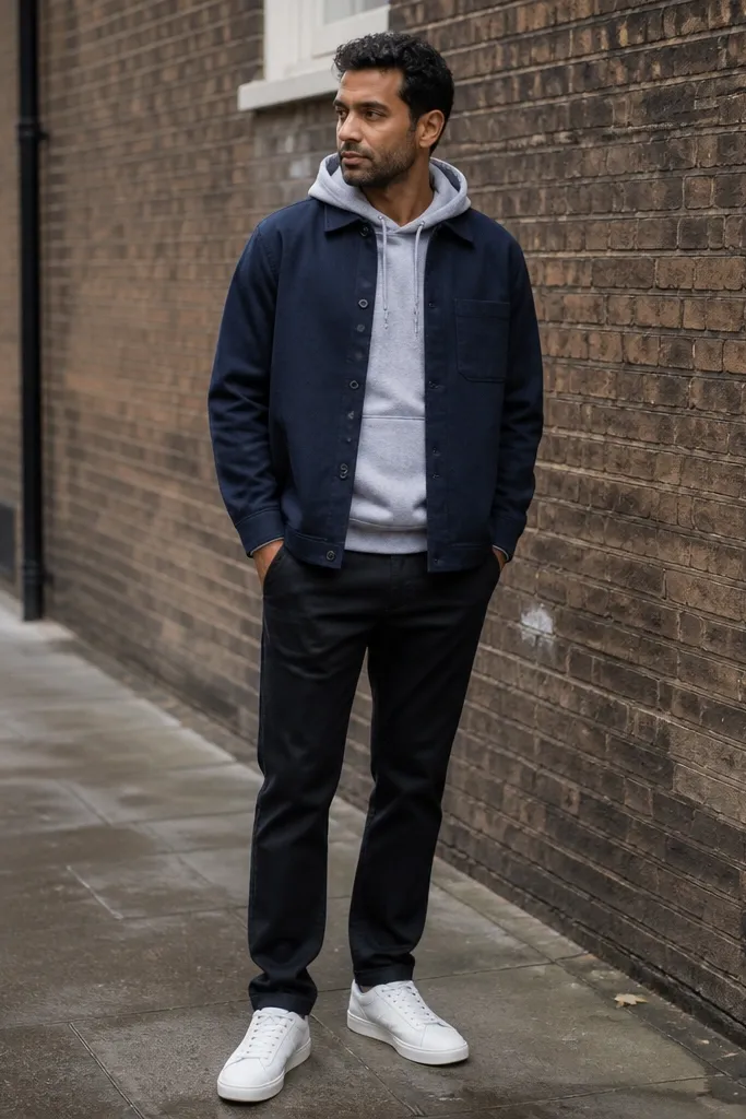 Light grey hoodie under navy overshirt with dark chinos and grey Converse