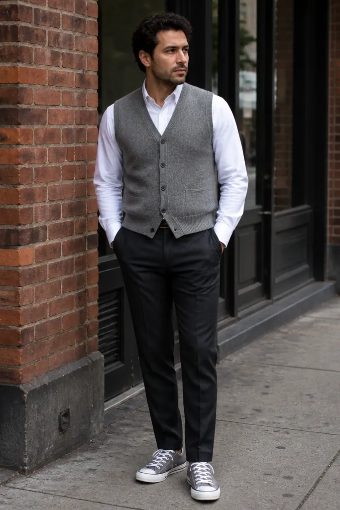 White button-down with grey vest and dark trousers plus grey Converse sneakers
