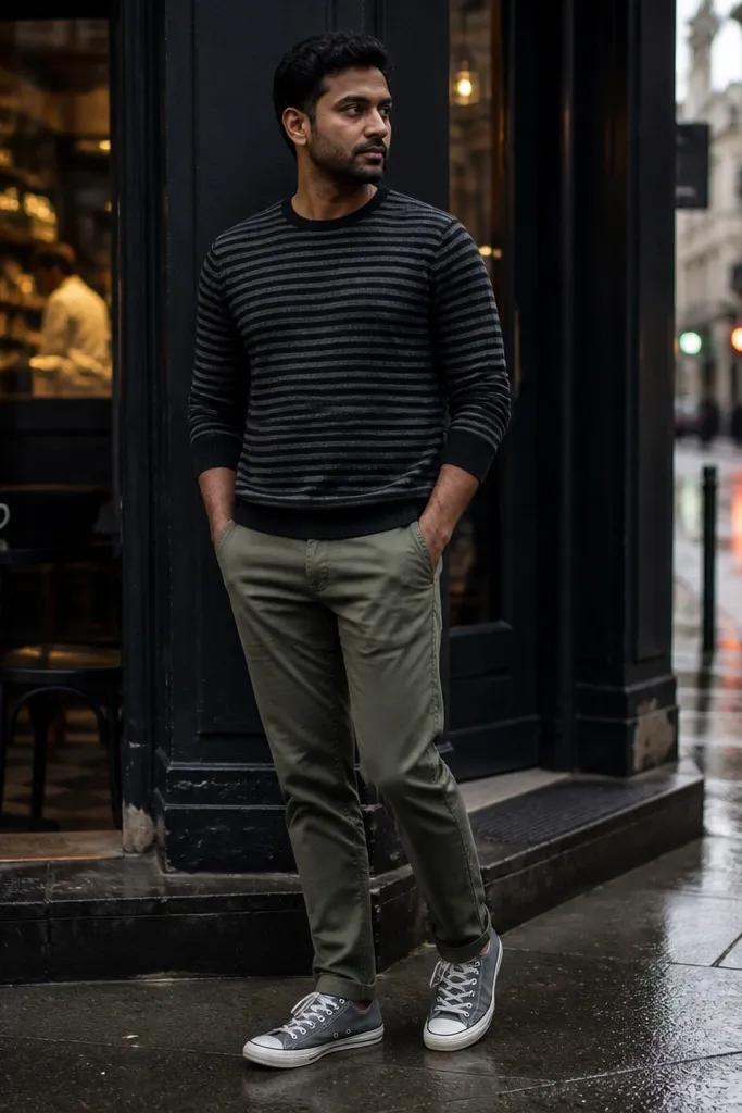 Black and grey striped long sleeve with olive pants and grey Converse