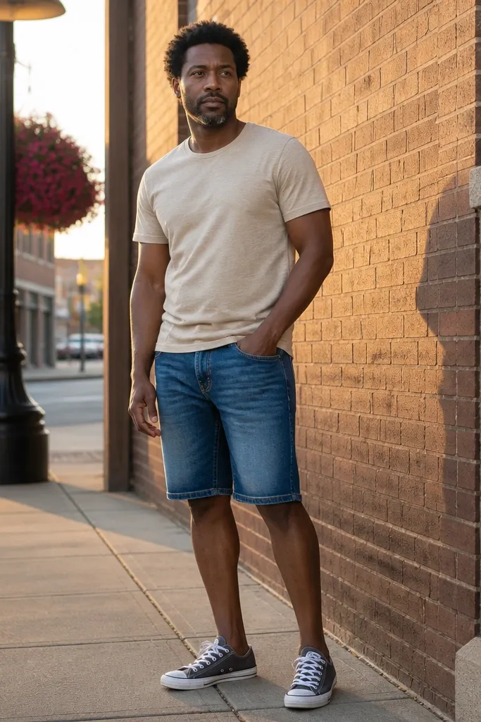 Stone t-shirt with blue denim shorts and grey Converse sneakers