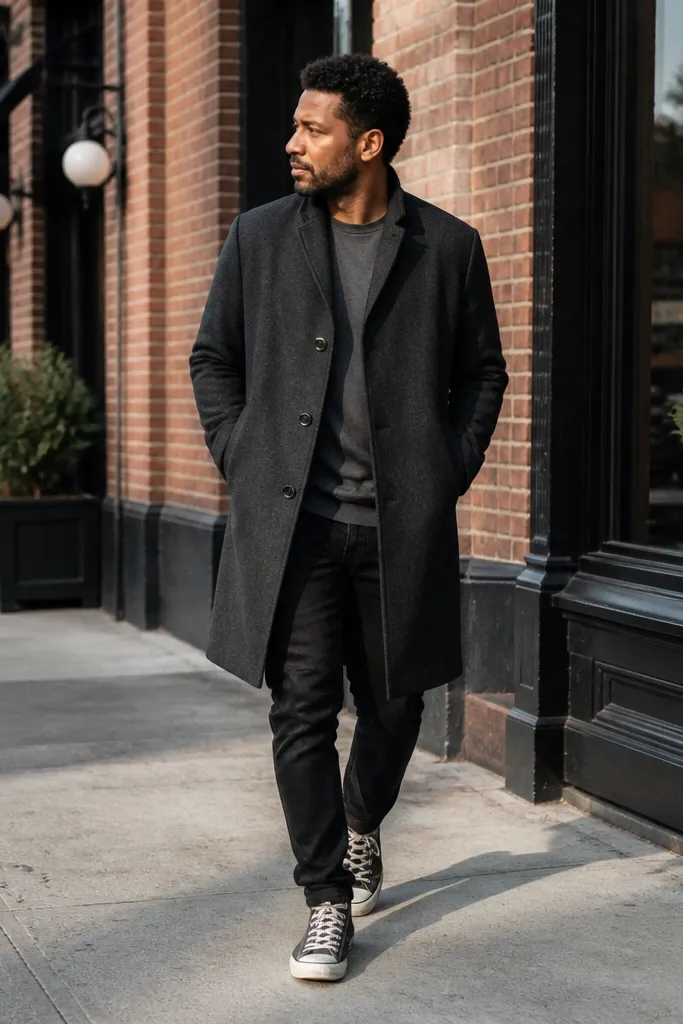 Charcoal overcoat over black jeans with grey Converse sneakers