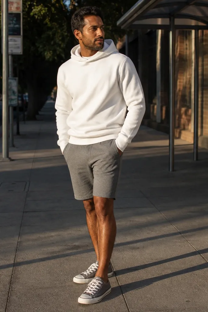 White hoodie with grey shorts and grey Converse sneakers