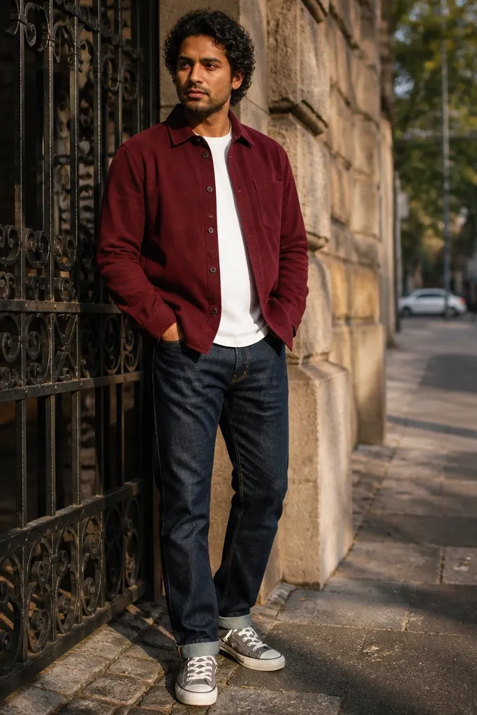 Burgundy overshirt over dark blue jeans with grey Converse sneakers