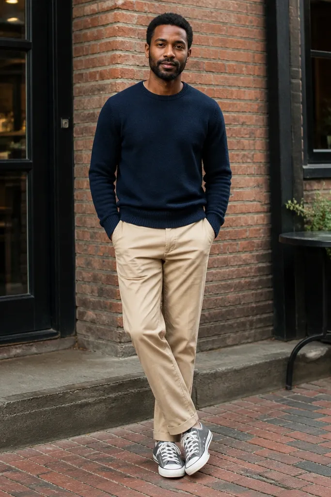 Navy crewneck sweater with beige chinos and grey Converse sneakers