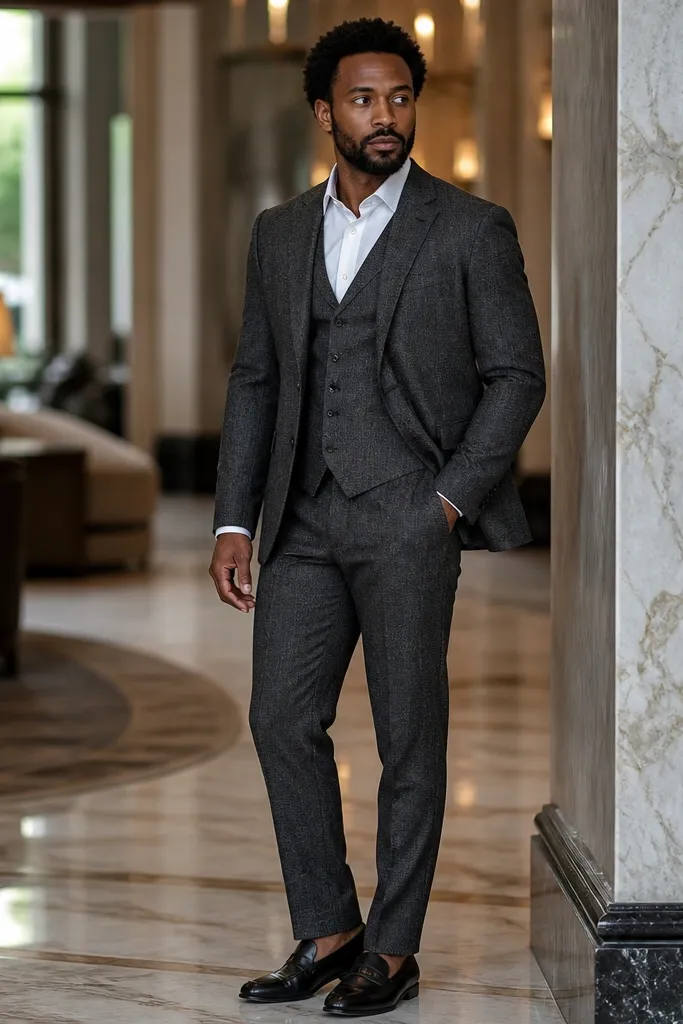 Charcoal grey three-piece suit with white shirt, black loafers, and a black watch
