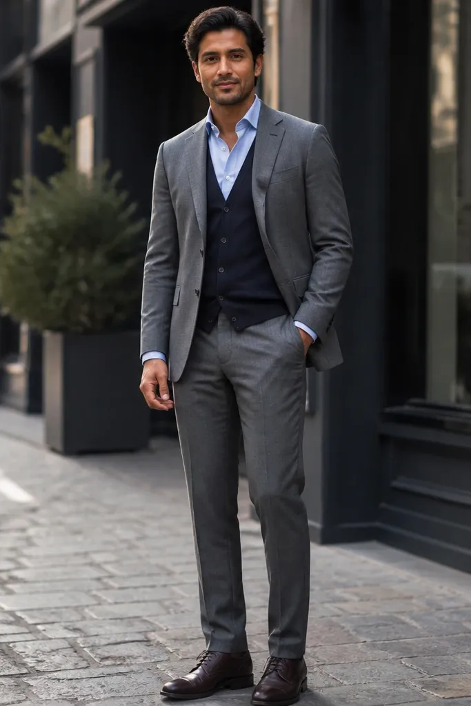 Medium grey three-piece suit with light blue shirt and navy knit vest
