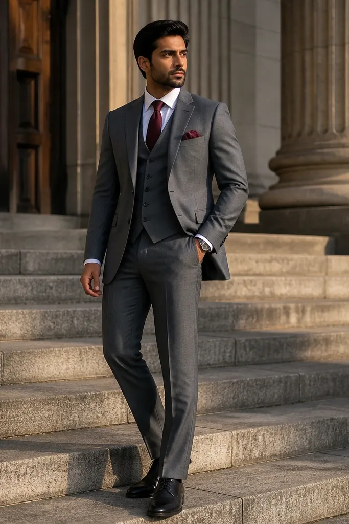 Steel grey three-piece suit with burgundy tie and pocket square