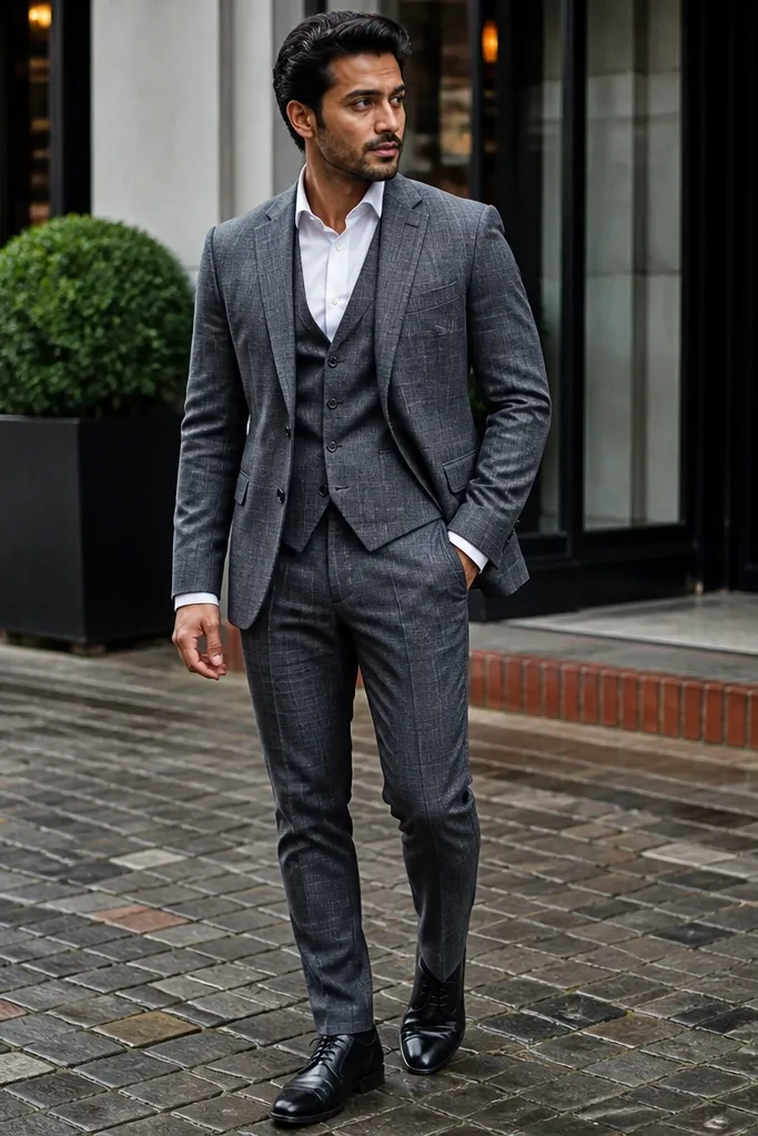 Grey windowpane three-piece suit with solid grey vest and white shirt