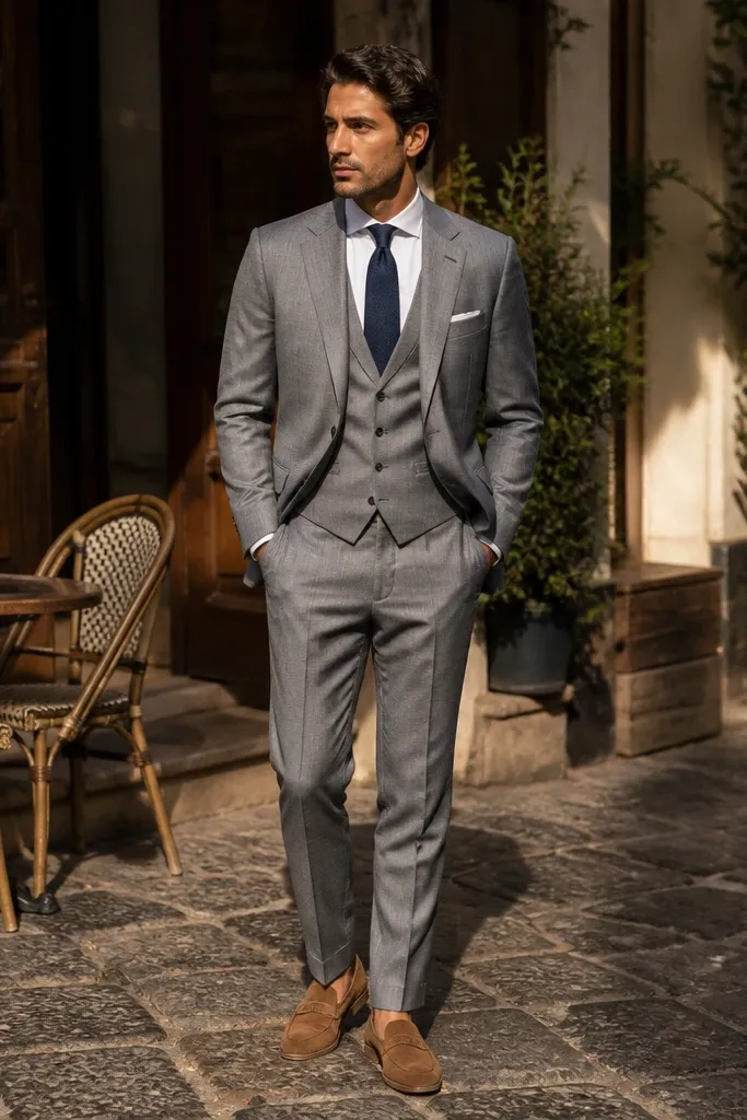 Light grey three-piece suit with navy tie and tan suede loafers