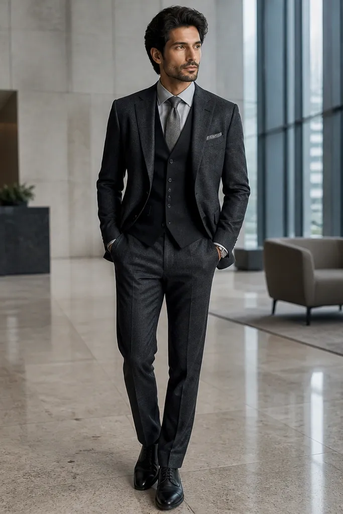 Charcoal jacket and trousers with black vest and grey shirt