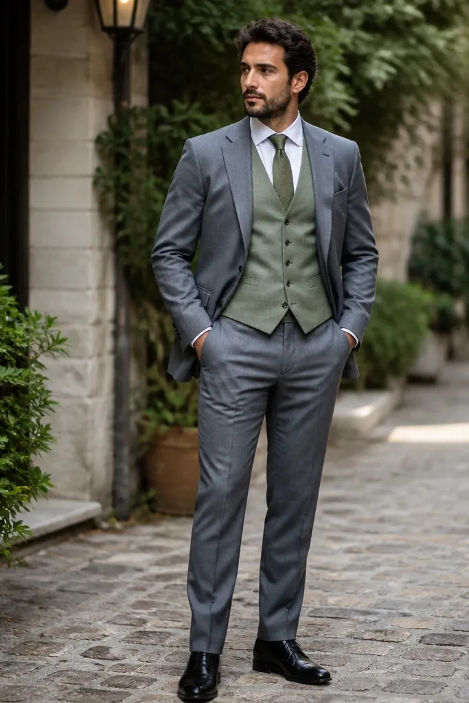 Medium grey three-piece suit with sage green vest and white shirt