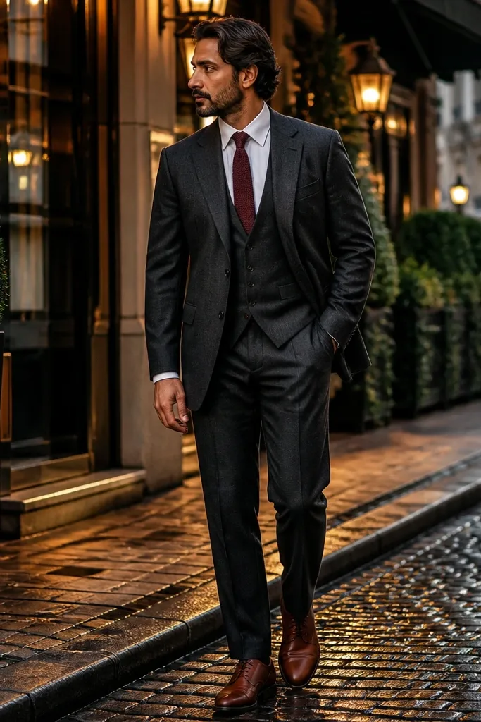 Charcoal three-piece suit with burgundy knit tie and brown derby shoes