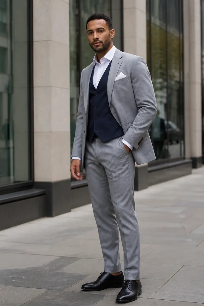 Light grey three-piece suit with navy vest and white pocket square