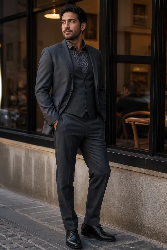 Charcoal three-piece suit with subtle patterned shirt and solid charcoal vest