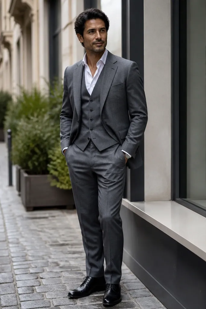 Medium grey three-piece suit with white shirt and no tie, black loafers