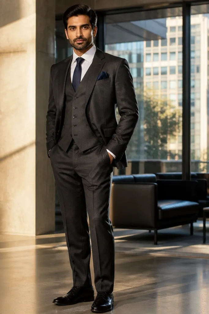 Charcoal three-piece suit with navy tie and navy pocket square