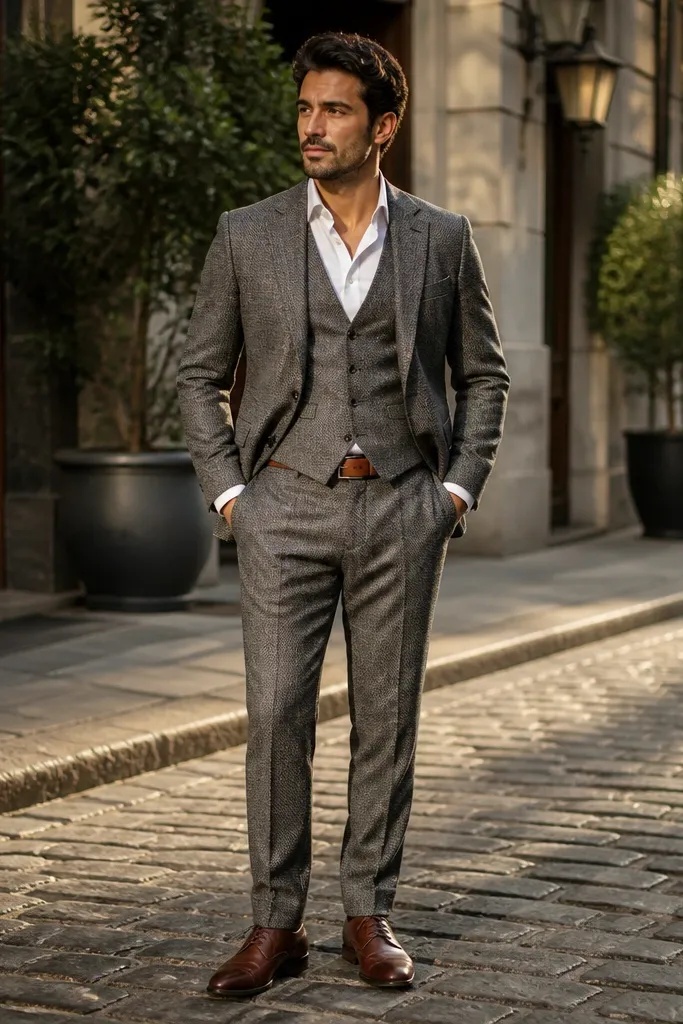 Grey herringbone three-piece suit with brown belt and brown leather shoes