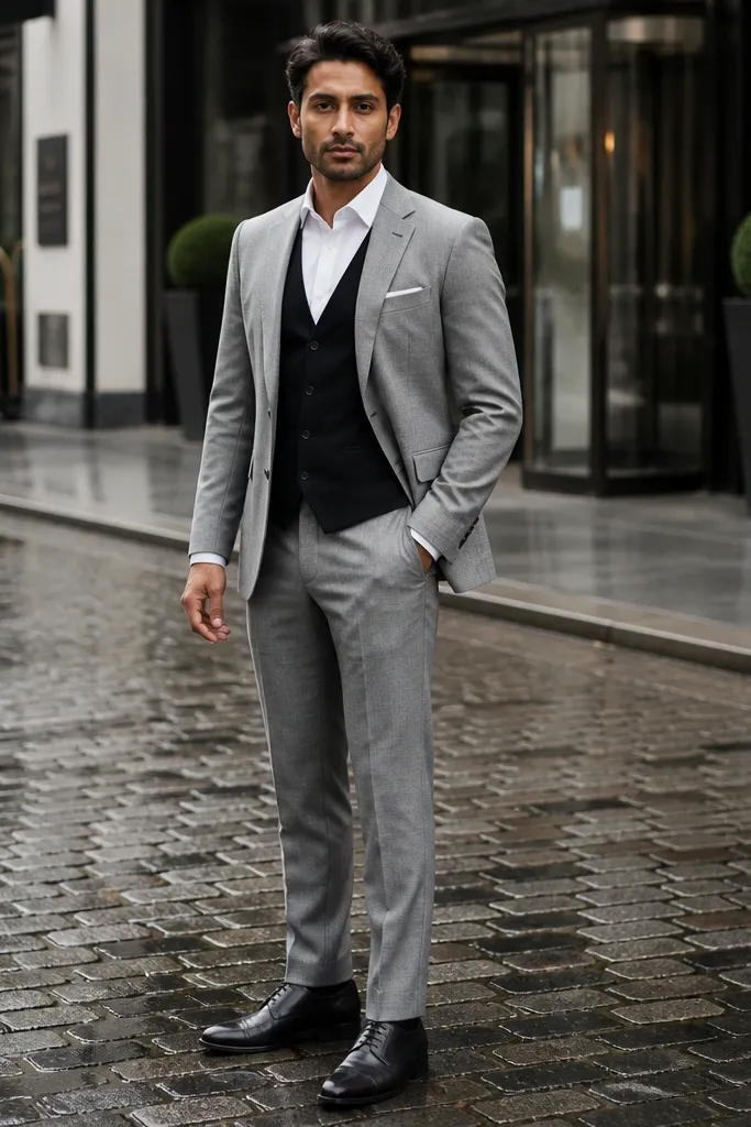 Light grey three-piece suit with black vest and black leather oxfords
